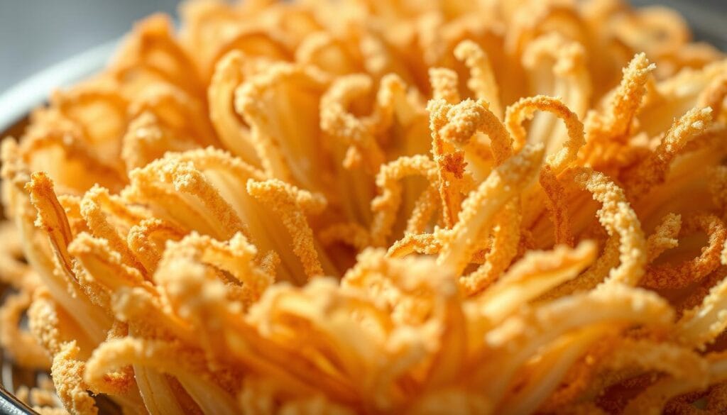 A close-up view of the crisp, golden-brown breading process for a blooming onion. Layers of thinly sliced onion petals delicately coated in a crunchy, breadcrumb-based batter, ready to be fried to perfection. Soft backlighting illuminates the intricate folds and textures of the onion, casting dramatic shadows and highlights. Capture the tactile sensation of the breading, with a shallow depth of field to focus the viewer's attention on the details of the coating technique. Convey the anticipation of the final, sizzling blooming onion.