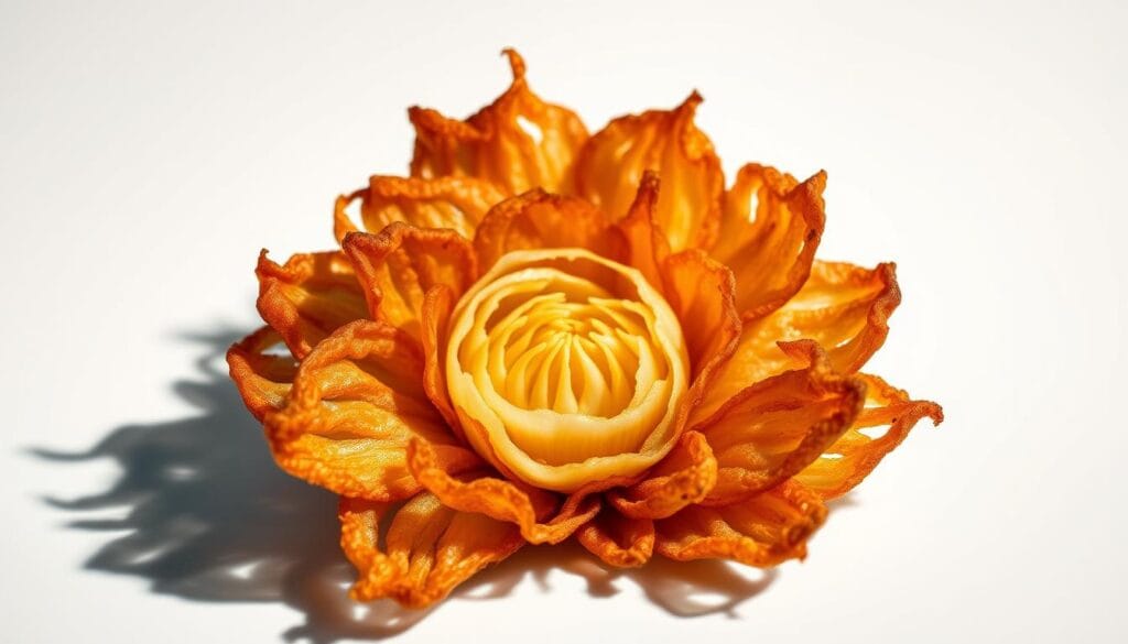 A golden brown, crispy air fryer blooming onion, with each delicate petal perfectly fried to a delightful crunch. The center of the onion is beautifully open, revealing a tender, juicy heart. Dramatic high-angle lighting casts dramatic shadows, highlighting the intricate, swirling layers. The onion is set against a clean, minimalist background, allowing the dish to take center stage. The composition is balanced and visually appealing, showcasing the tantalizing texture and mouthwatering appearance of this classic air fryer recipe.