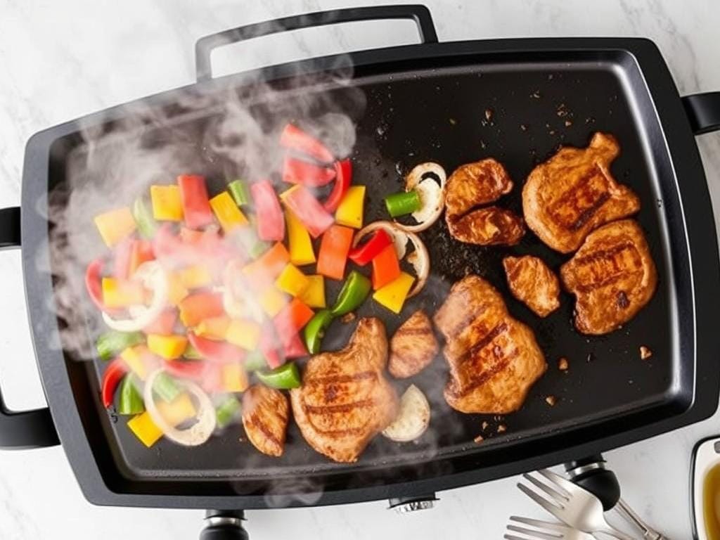 Blackstone griddle cooking with vegetables and meat Blackstone griddle cooking with vegetables and meat