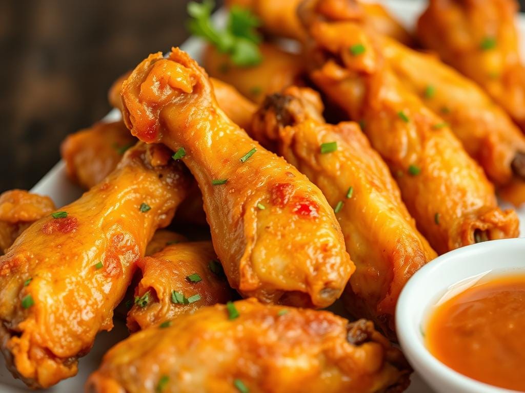 Crispy air fryer chicken wings on a serving plate Crispy air fryer chicken wings on a serving plate