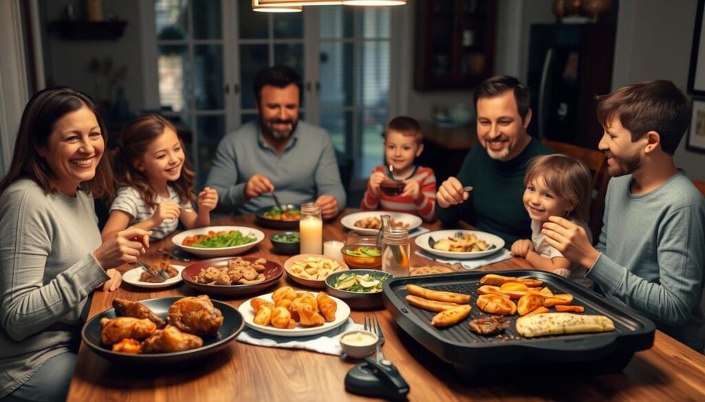 Family enjoying a meal with air fryer and Blackstone dishes Family enjoying a meal with air fryer and Blackstone dishes